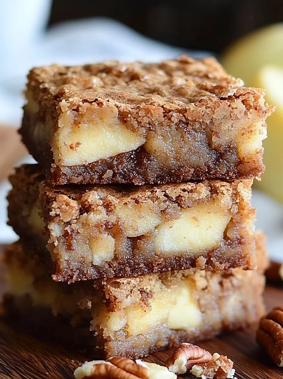 Apple Brownies 2 Decadent apple brownies topped with chocolate drizzles on a wooden table.