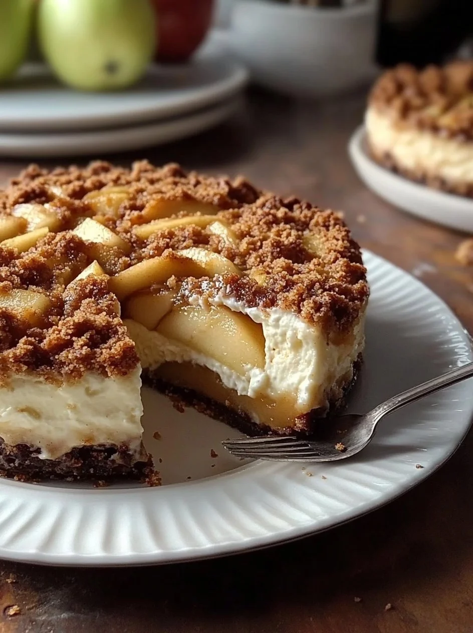Apple Crumble Cheesecake 2 Slice of Apple Crumble Cheesecake topped with cinnamon and crumble