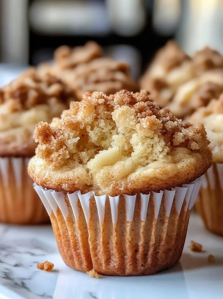 Apple Crumble Muffins 2 Freshly baked apple crumble muffins topped with a crispy crumble