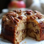 Slice of delicious Apple Pecan Cake with apples and pecans showing on a plate