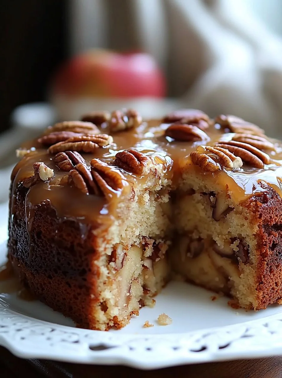 Apple Pecan Cake 2 Slice of delicious Apple Pecan Cake with apples and pecans showing on a plate