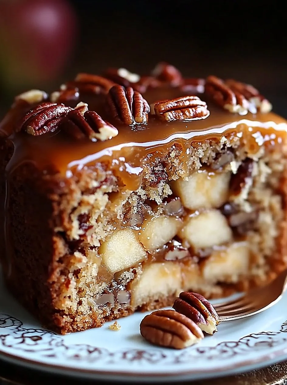 Apple Pecan Cake with Caramel Glaze 2 Slice of Apple Pecan Cake with Caramel Glaze on a rustic wooden table