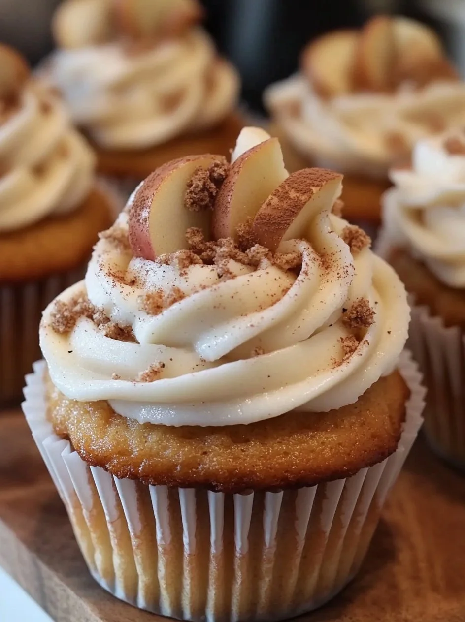 Delicious apple pie cupcakes topped with cinnamon frosting and apple slices