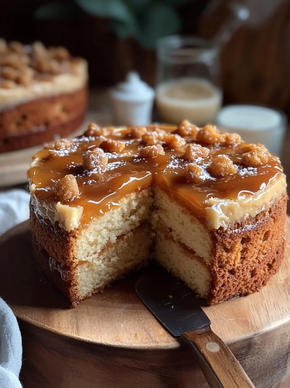 Brown Butter Caramel Cake 2 Slice of Brown Butter Caramel Cake with a drizzle of caramel sauce
