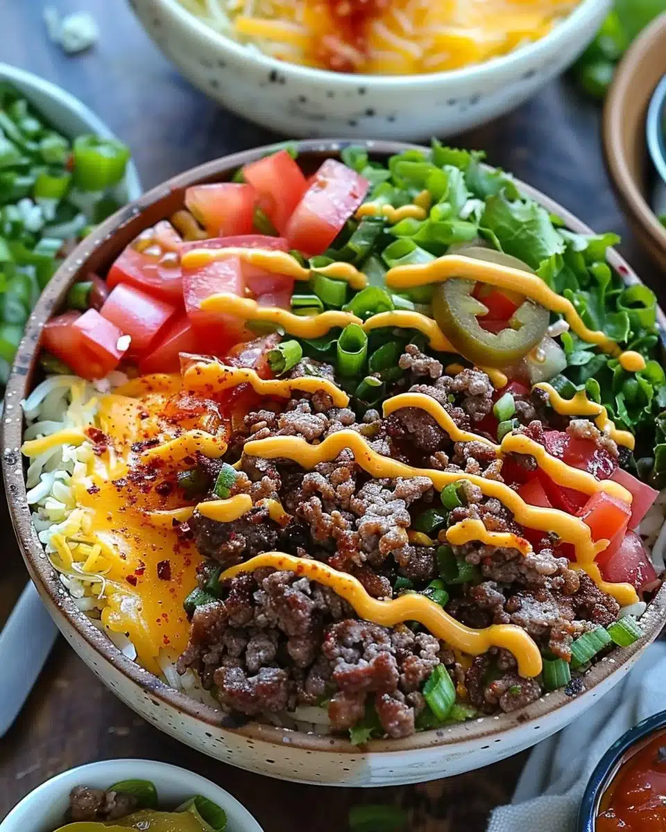 Delicious cheeseburger bowl with fresh toppings and ingredients