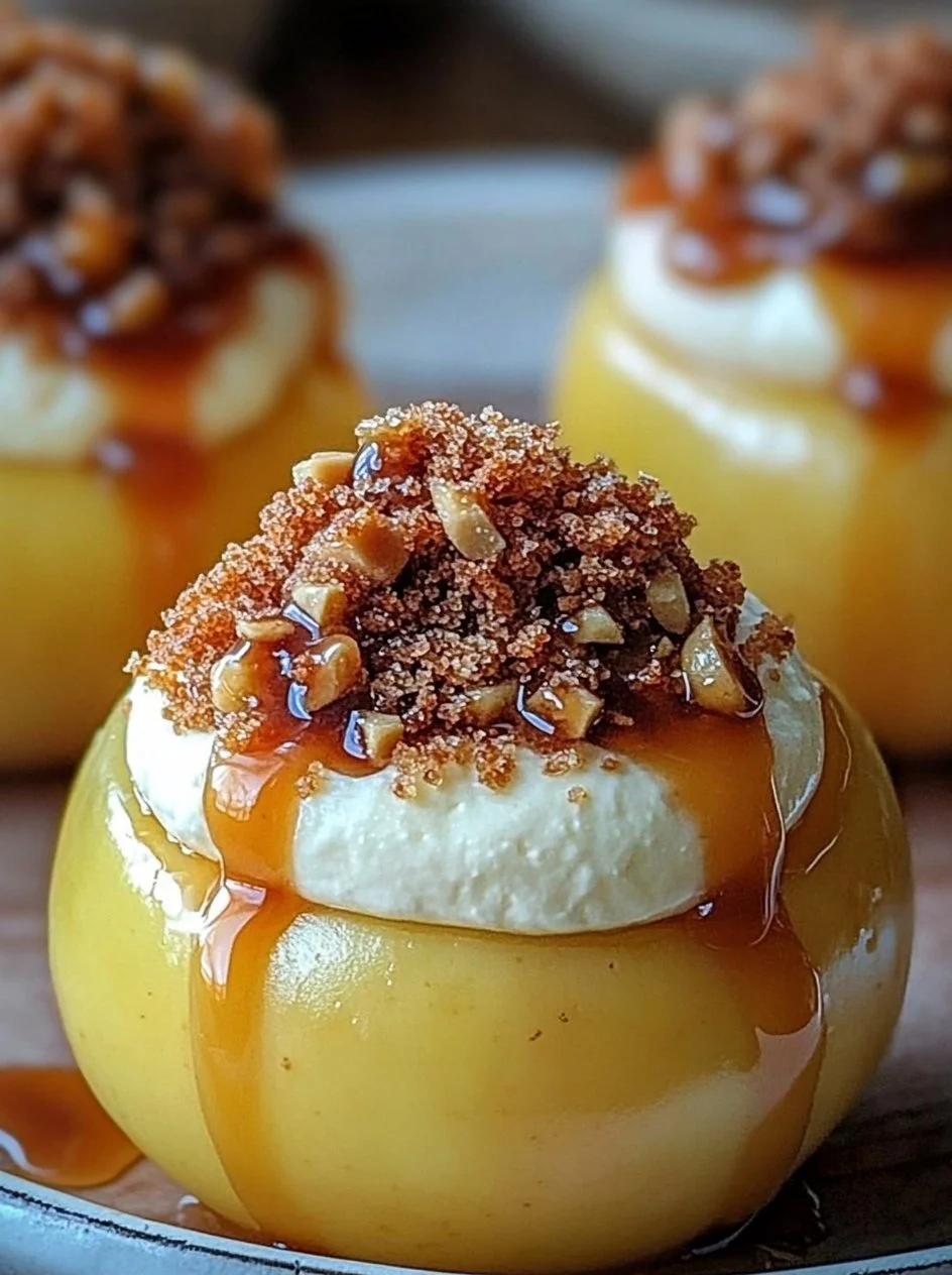 Cheesecake stuffed apples topped with caramel and nuts on a wooden table