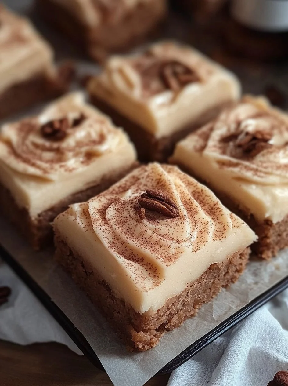 Cinnamon Blondies with Caramelized Apples and Cream Cheese Frosting 2 Cinnamon blondies with caramelized apples and cream cheese frosting on a plate