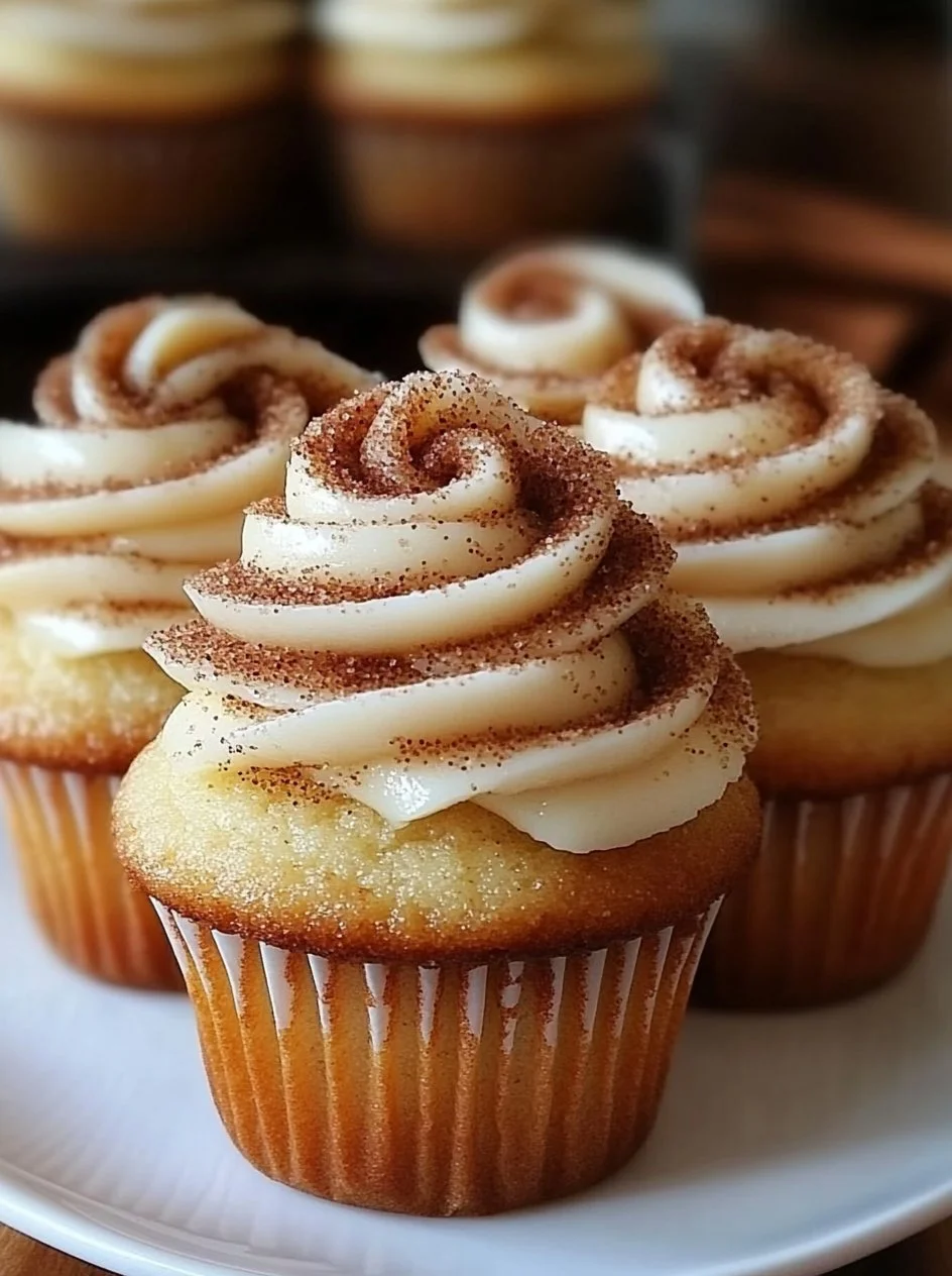Cinnamon Roll Cupcakes 2 Delicious cinnamon roll cupcakes topped with cream cheese frosting.