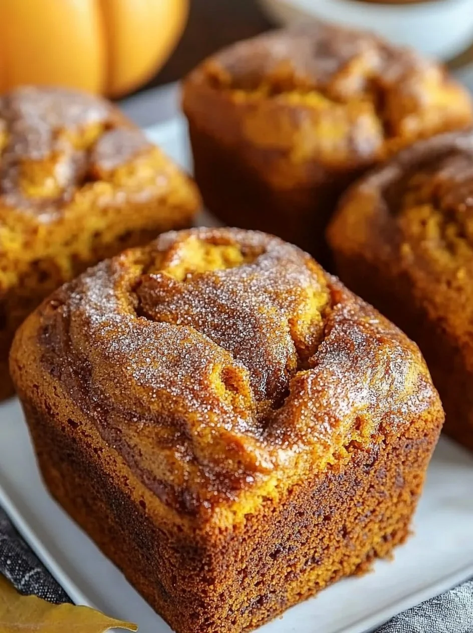 Cinnamon Swirl Pumpkin Bread Mini Loaves on a rustic wooden table