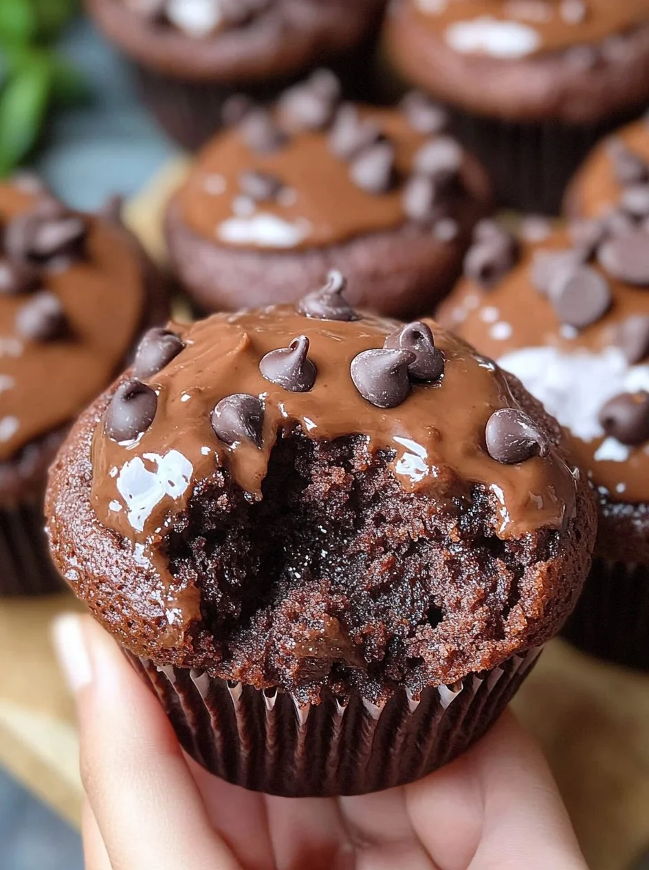 Double Chocolate Muffins 2 Delicious double chocolate muffins topped with chocolate chips on a plate.
