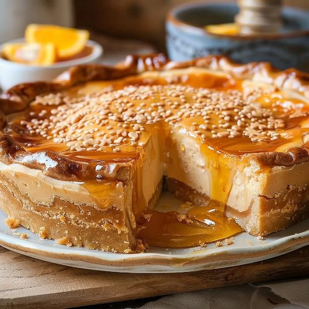 Golden Greek Honey Pie 2 Delicious Golden Greek Honey Pie drizzled with honey and topped with nuts.