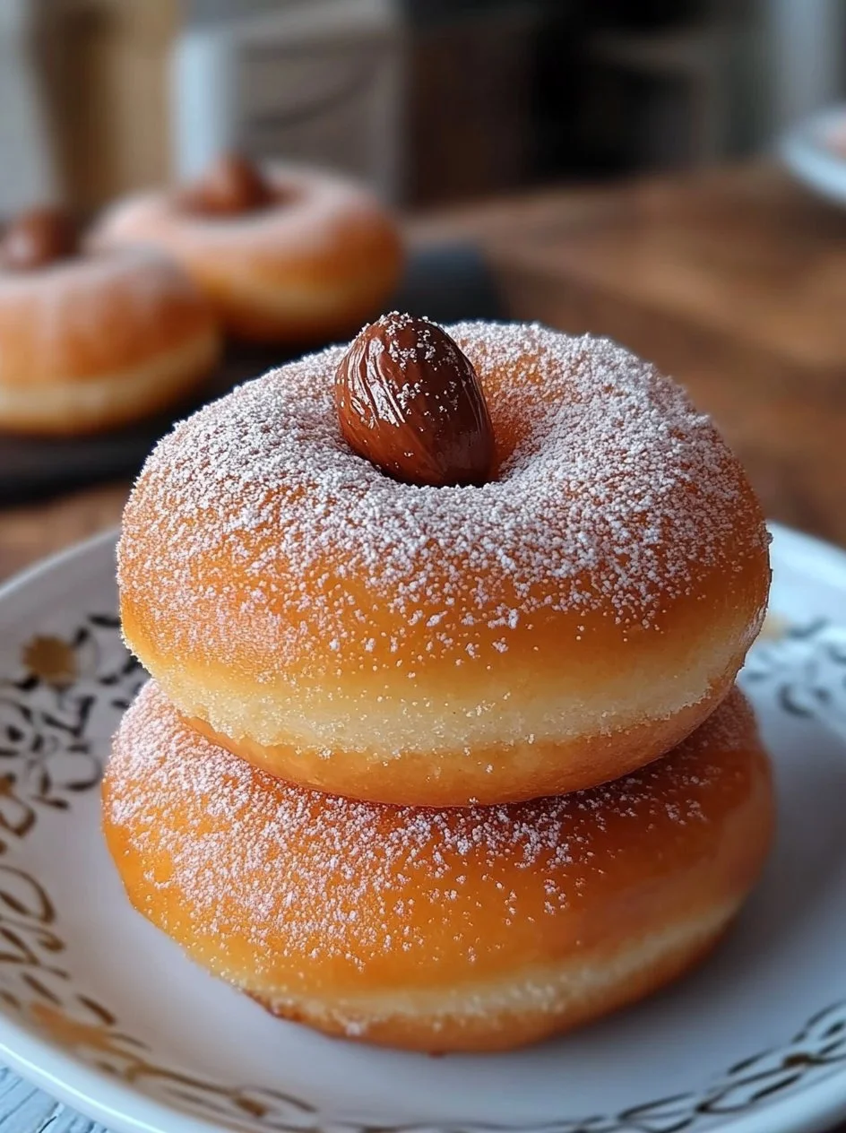 Hazelnut Cream Beignets 2 Freshly made hazelnut cream beignets dusted with powdered sugar
