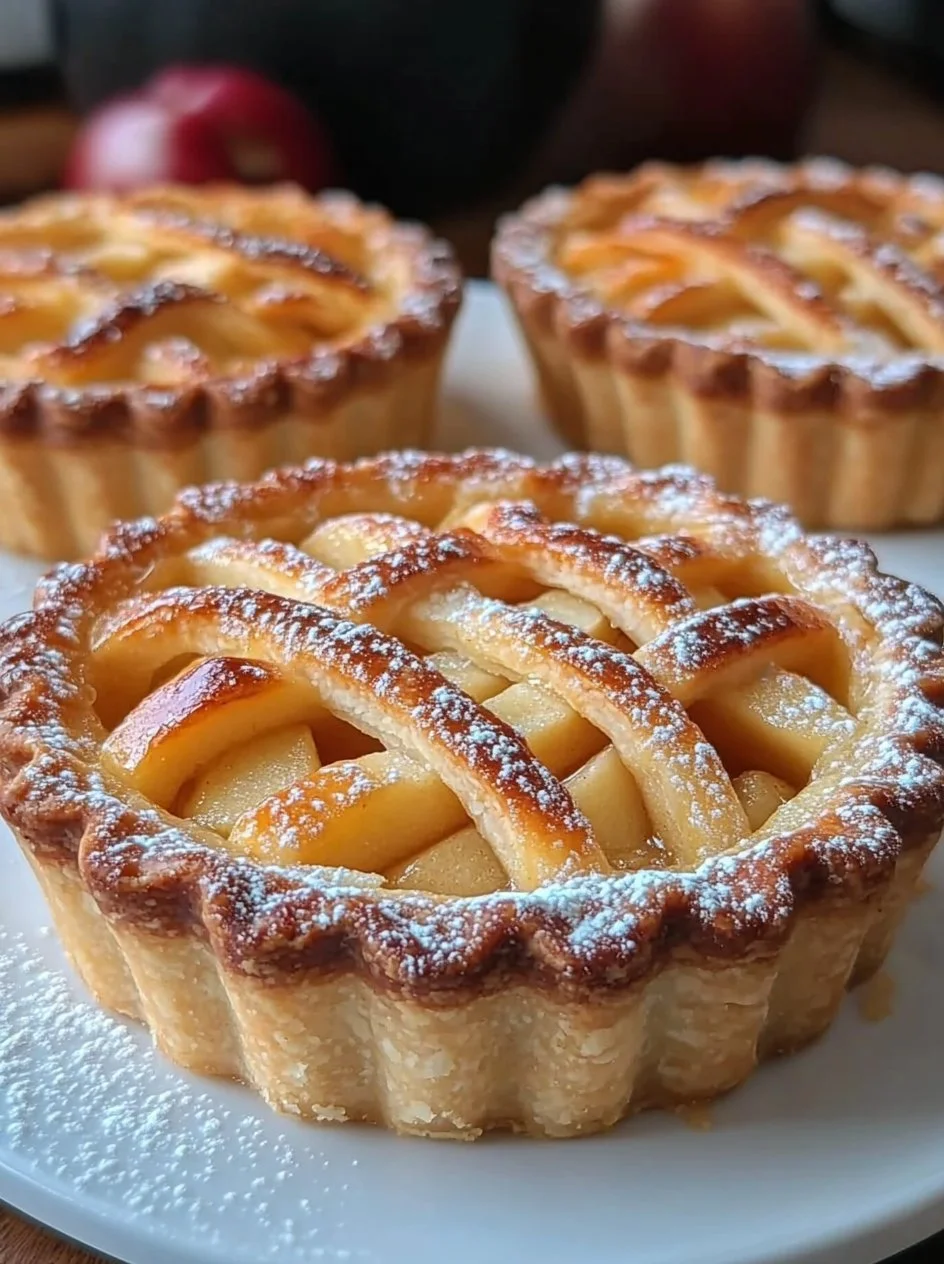 Mini Apple Pies with Vanilla Creaminess 2 Mini apple pies with creamy vanilla topping on a rustic wooden table