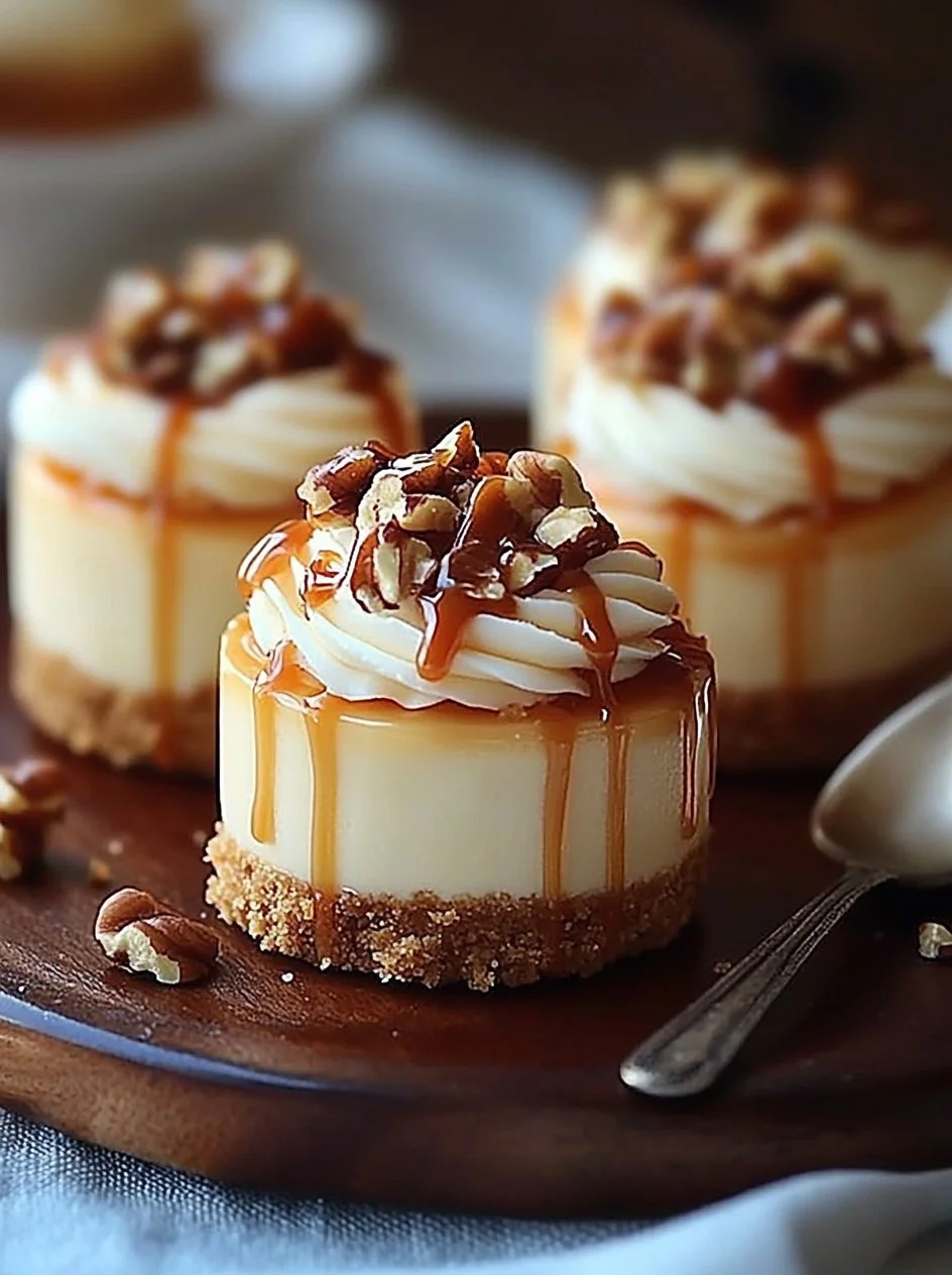 Mini caramel cheesecakes topped with luscious caramel drizzle