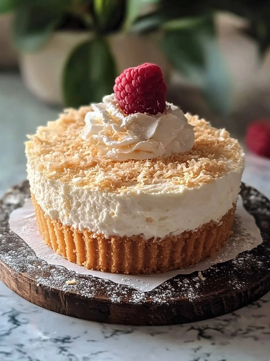 Delicious no-bake coconut cheesecake served on a white plate