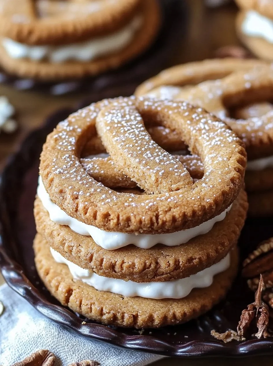 Homemade oatmeal cookie cream pies stacked on a plate