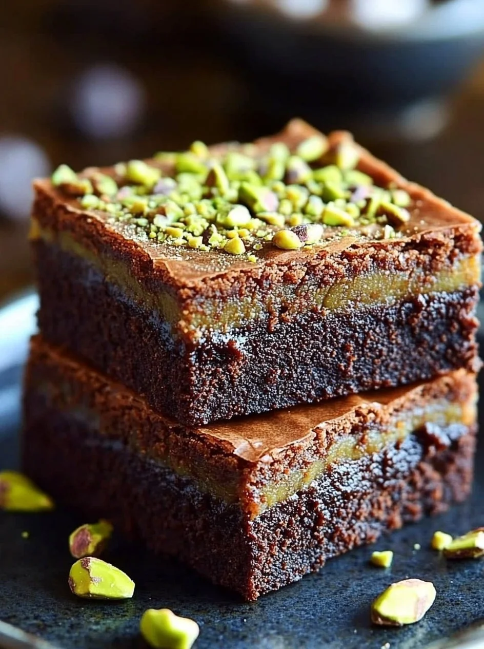 Pistachio Kunafa Brownies 2 Delicious Pistachio Kunafa Brownies with layers of kunafa and chocolate.