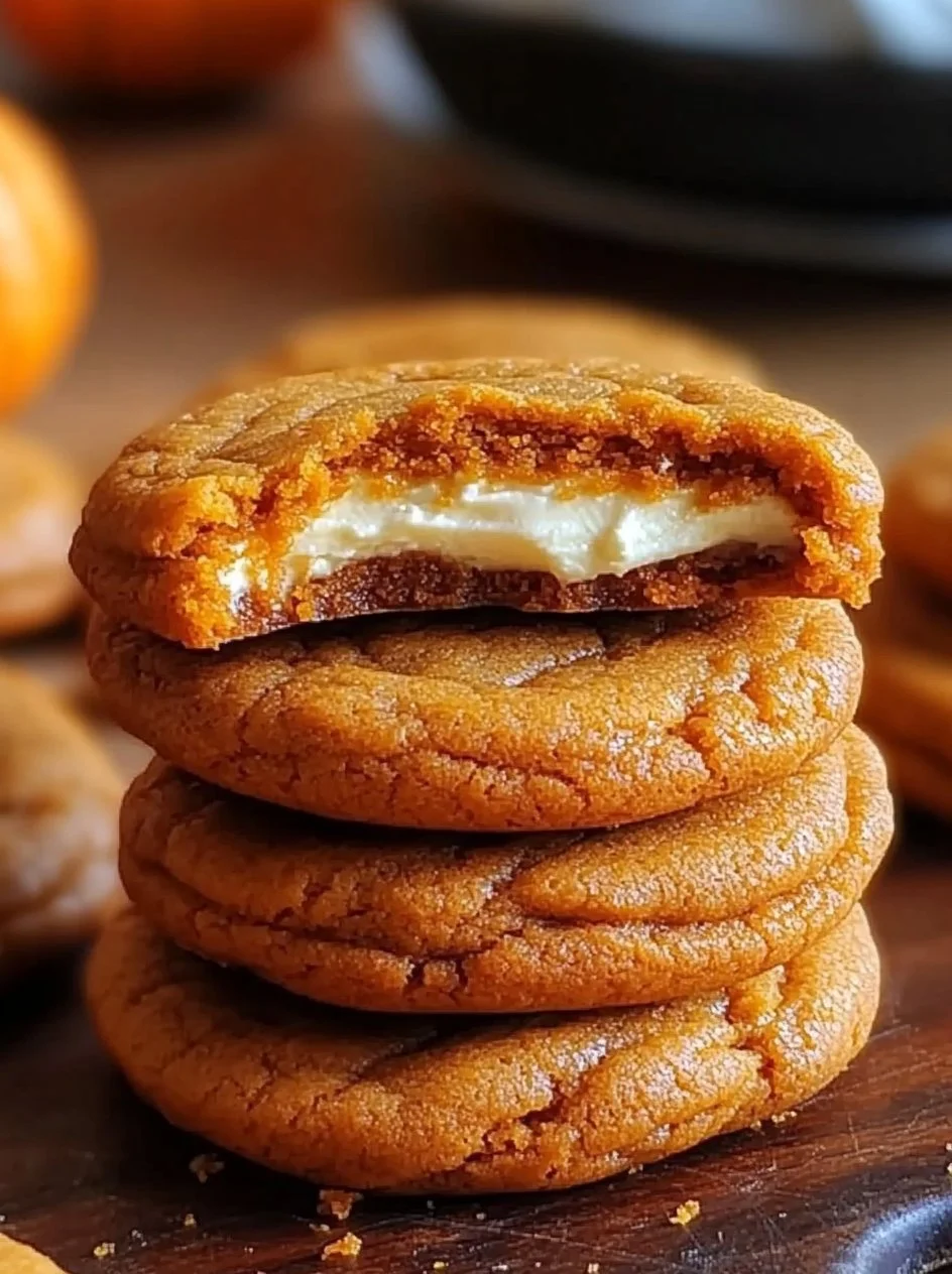 Pumpkin Cheesecake Cookies 2 Delicious Pumpkin Cheesecake Cookies with a creamy filling and pumpkin spice flavor.