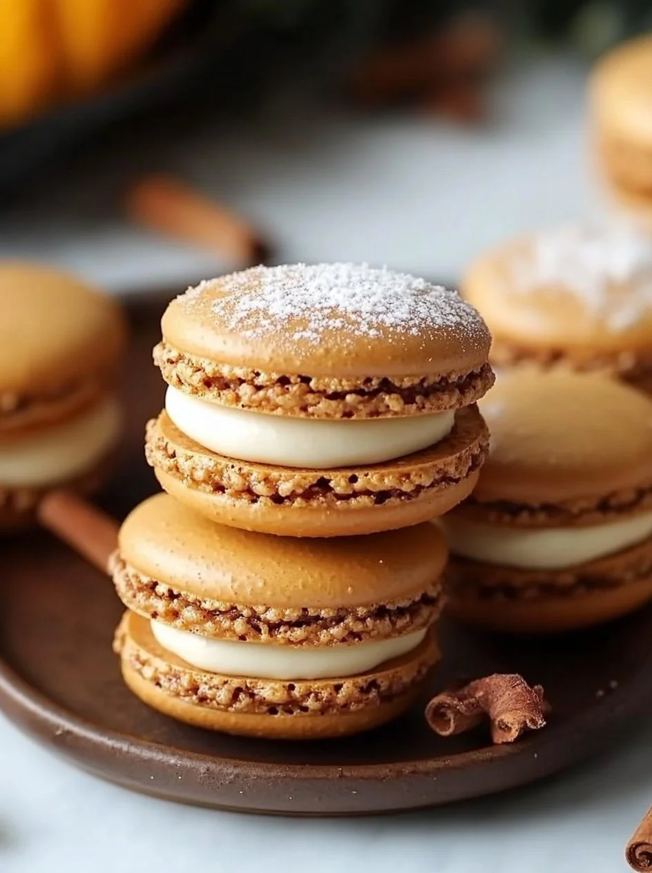 Pumpkin Pie Macarons 2 Delicious Pumpkin Pie Macarons displayed beautifully on a dessert table.