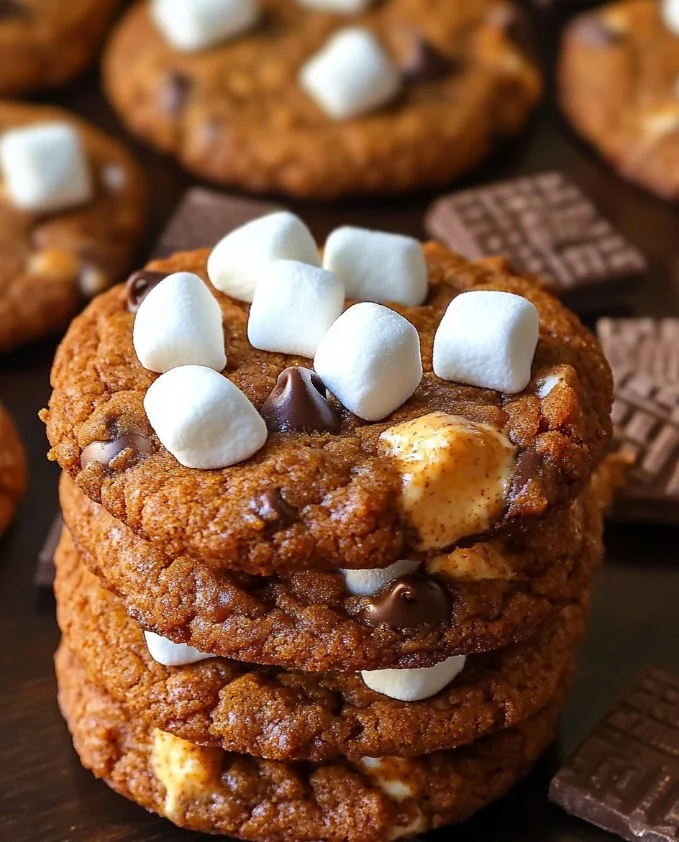 Pumpkin S'mores Cookies 2 Delicious Pumpkin S'mores Cookies with chocolate and marshmallows on a rustic table