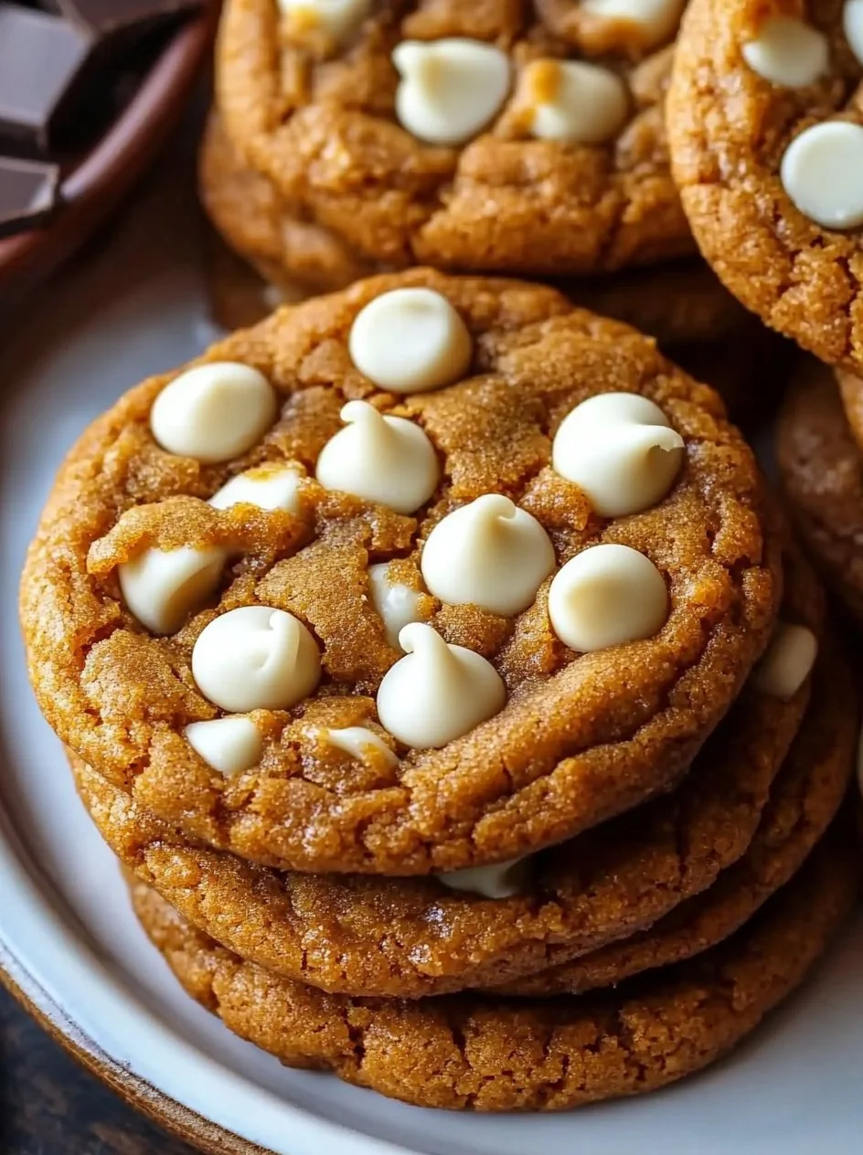 Delicious pumpkin white chocolate chip cookies on a plate