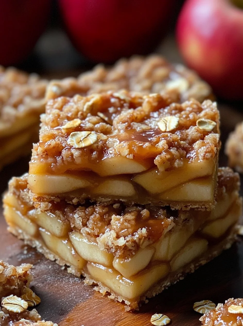 Salted Caramel Apple Pie Bars 2 Salted caramel apple pie bars with a drizzle of sauce and sliced apples