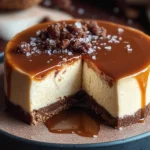 Delicious salted caramel cheesecake topped with drizzle and sea salt