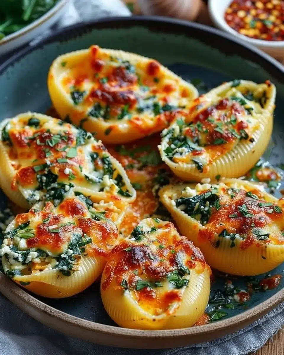 Spinach and Ricotta Stuffed Shells 2 Plate of spinach and ricotta stuffed shells garnished with herbs.
