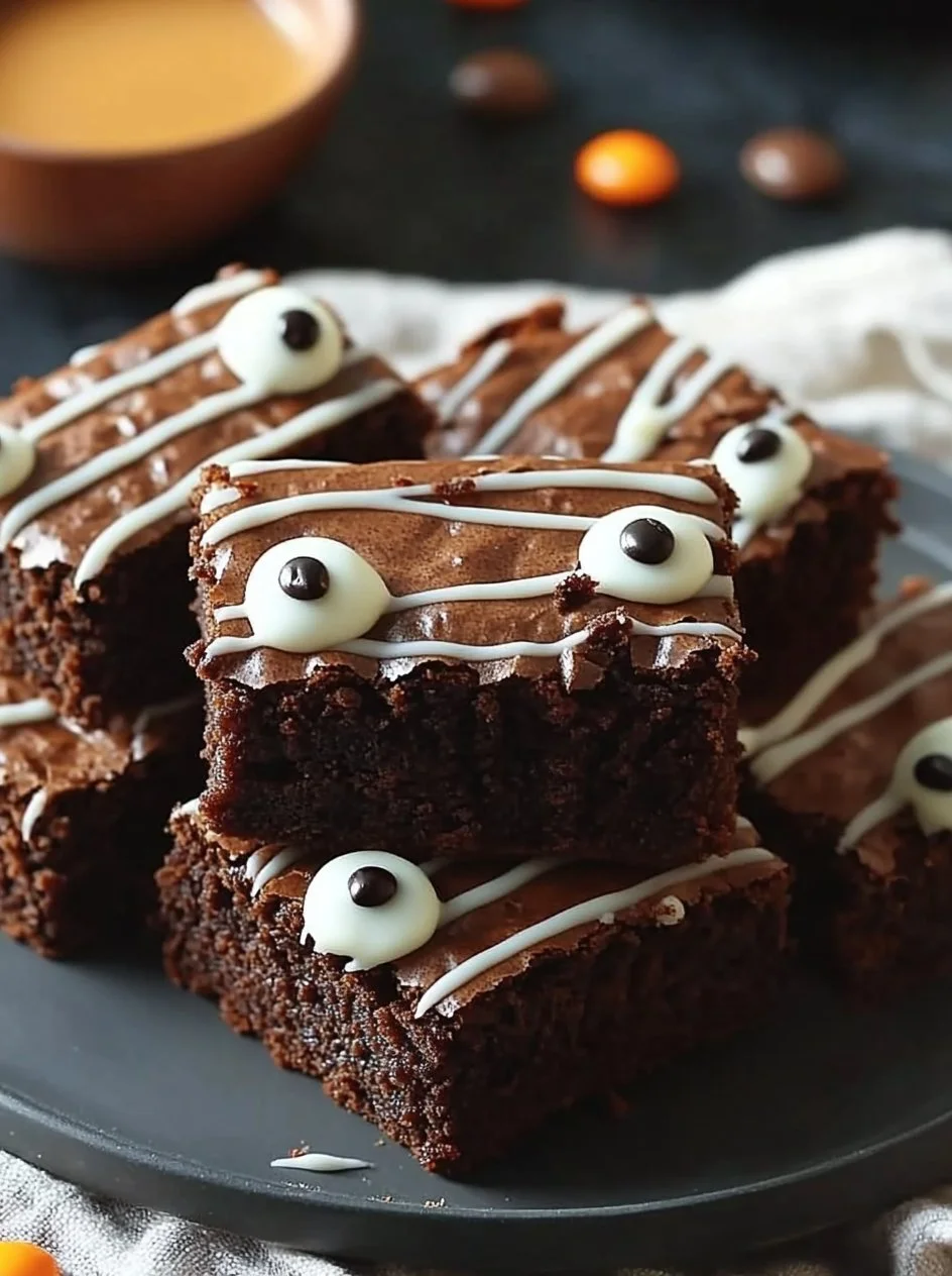 Spooky Mummy Brownies 2 Spooky mummy brownies decorated for Halloween with white chocolate and candy eyes