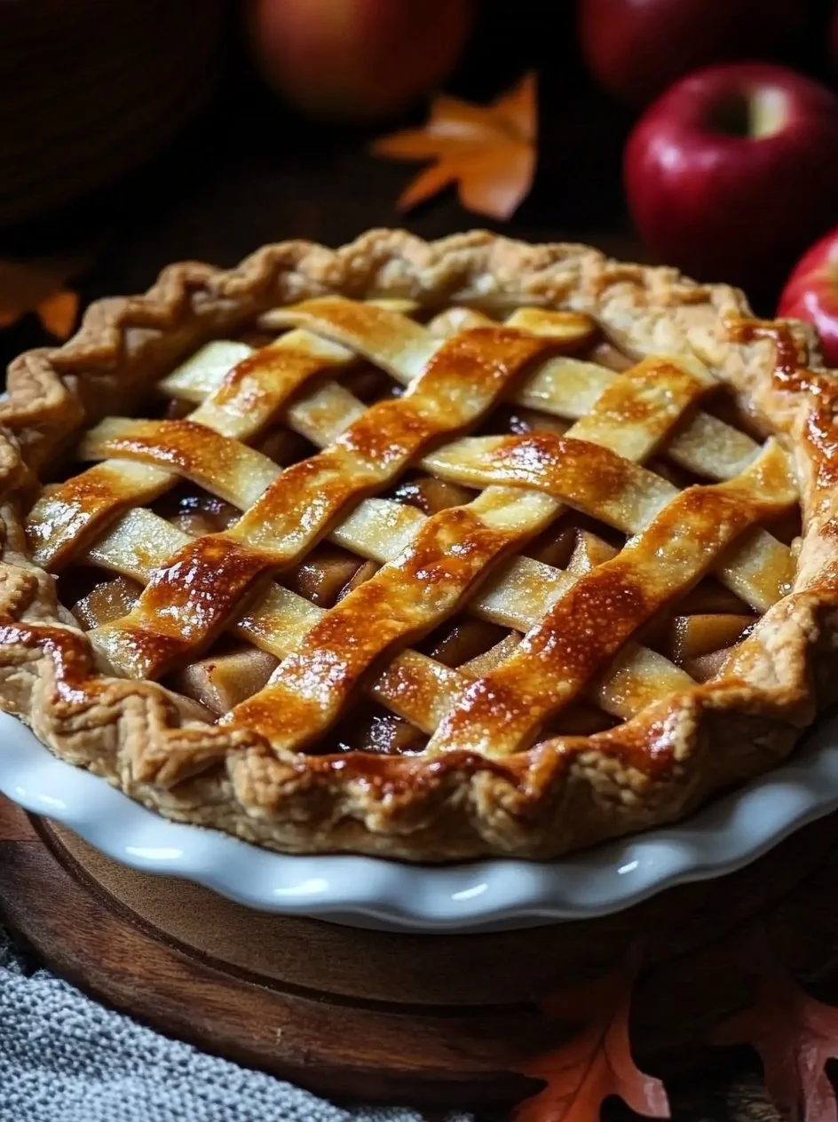 Delicious slice of toffee apple pie with caramel topping and fresh apple slices