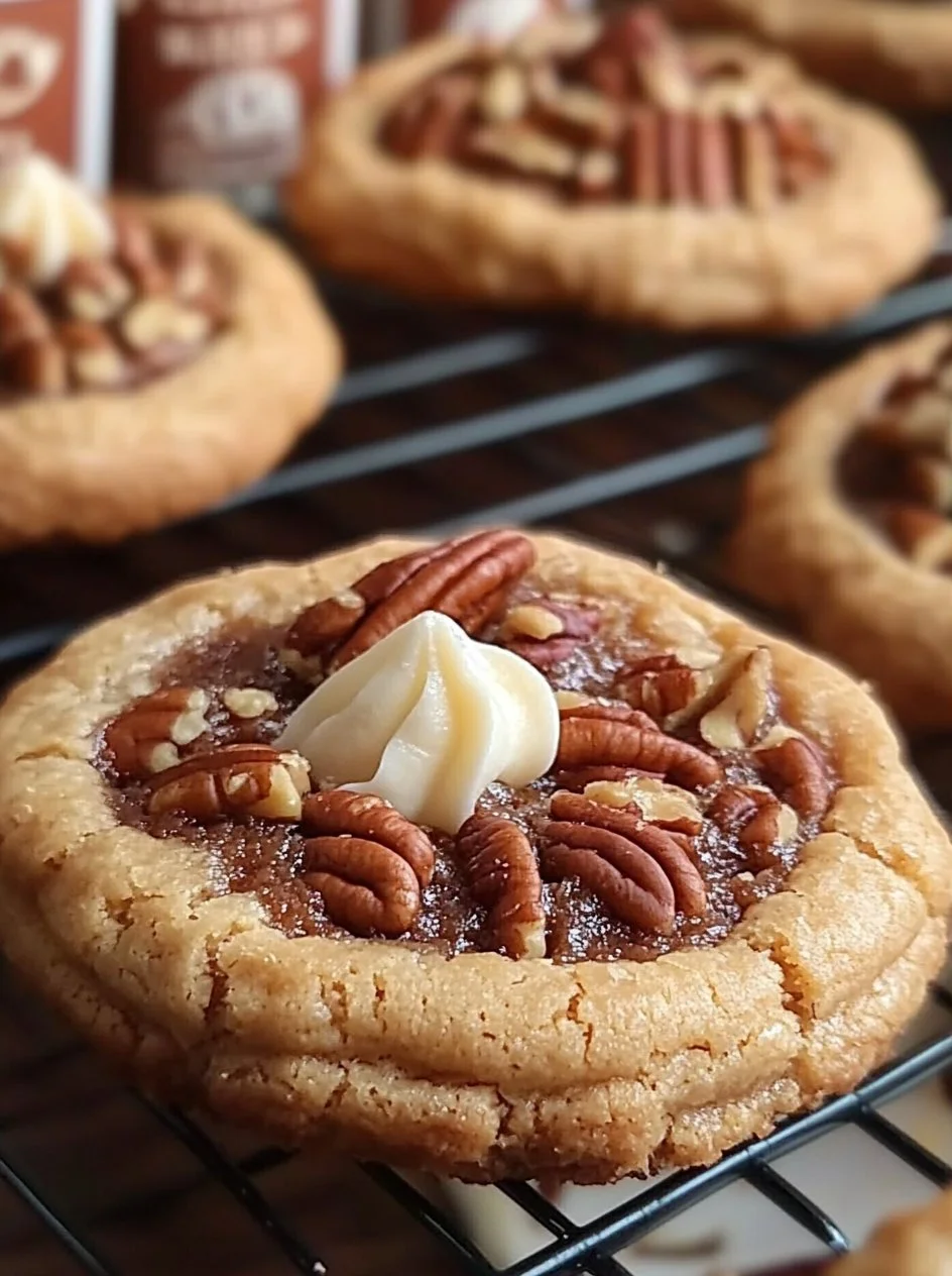 Vegan Pecan Pie Cookies 2 Vegan pecan pie cookies with pecan pieces on a plate