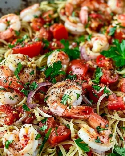 Bright garlic shrimp dish, easy Mediterranean seafood recipe in 20 minutes.