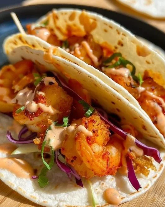 Air Fryer Bang Bang Shrimp Tacos 2 Air Fryer Bang Bang Shrimp Tacos served with fresh toppings