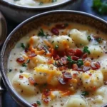 Bacon Cheddar Gnocchi Soup in a bowl, garnished with herbs