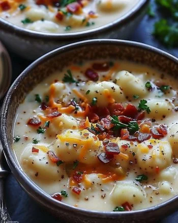 Bacon Cheddar Gnocchi Soup in a bowl, garnished with herbs