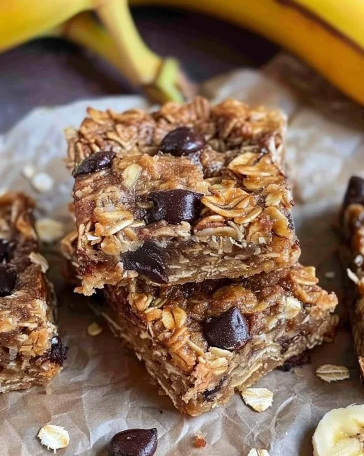 Banana Oatmeal Bars 2 Delicious homemade Banana Oatmeal Bars on a wooden table