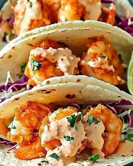 Bang Bang Shrimp Tacos 2 Delicious Bang Bang Shrimp Tacos garnished with fresh ingredients
