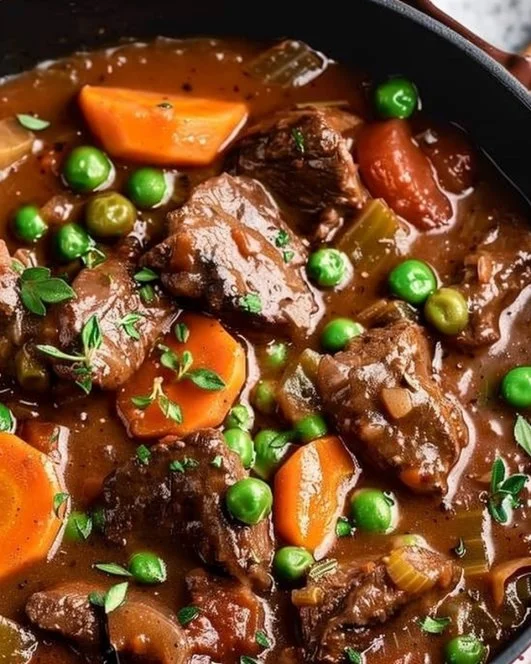 A hearty bowl of beef stew with tender beef, vegetables, and savory broth.