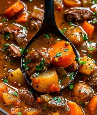 A hearty bowl of beef stew with tender meat and fresh vegetables