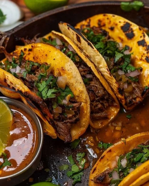 Birria Tacos 2 Delicious birria tacos topped with fresh cilantro and onions on a plate.