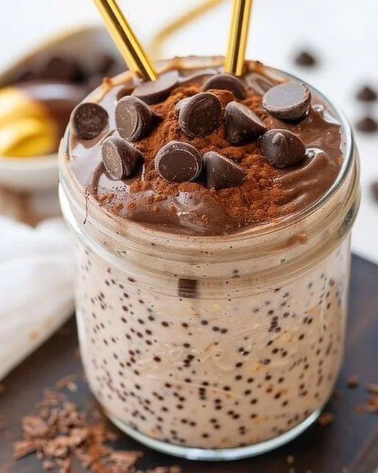 Brownie Batter Overnight Oats 2 Delicious brownie batter overnight oats in a mason jar topped with chocolate chips.