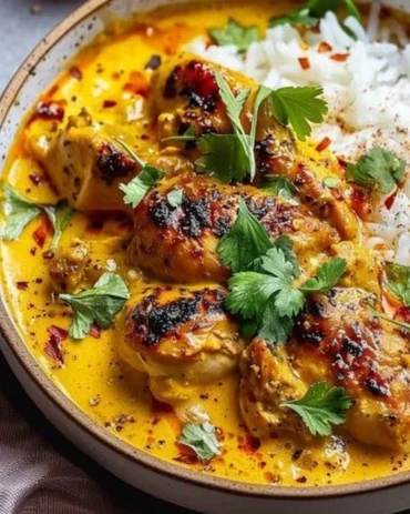Delicious butternut squash butter chicken served with rice and garnished with herbs
