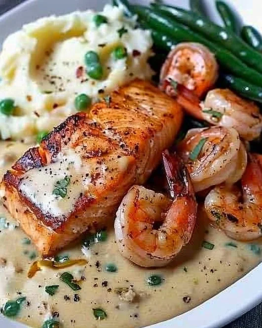 Cajun Shrimp and Salmon with Creamy Mashed Potatoes and Sautéed Green Beans 2 Cajun Shrimp and Salmon dish with creamy mashed potatoes and green beans