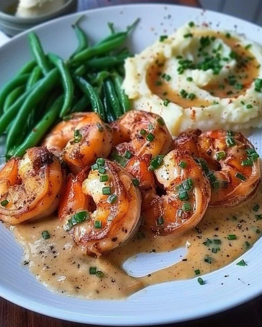 Cajun Shrimp and Salmon with Garlic Cream Sauce, Mashed Potatoes, and Green Beans 2 Cajun shrimp and salmon with garlic cream sauce, mashed potatoes, and green beans.