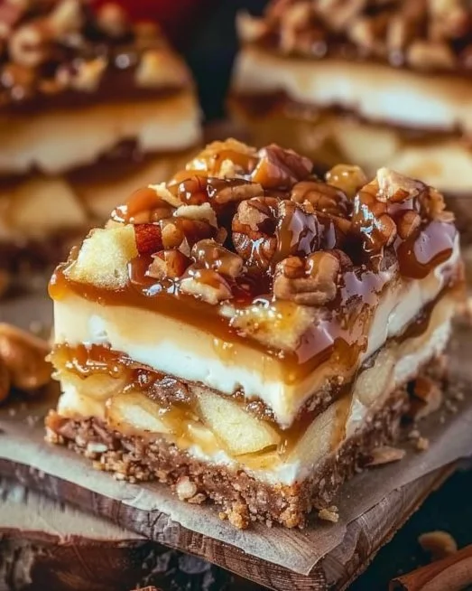 Delicious caramel apple cheesecake bars topped with caramel and apple slices