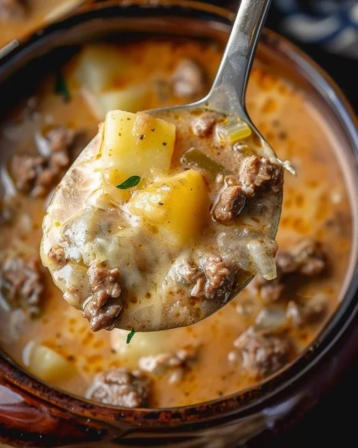 Cheesy Beef and Potato Soup 2 Bowl of cheesy beef and potato soup garnished with herbs