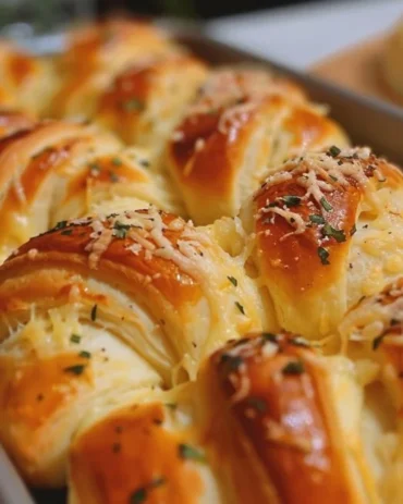 Freshly baked Cheesy Garlic Crescent Rolls on a white platter