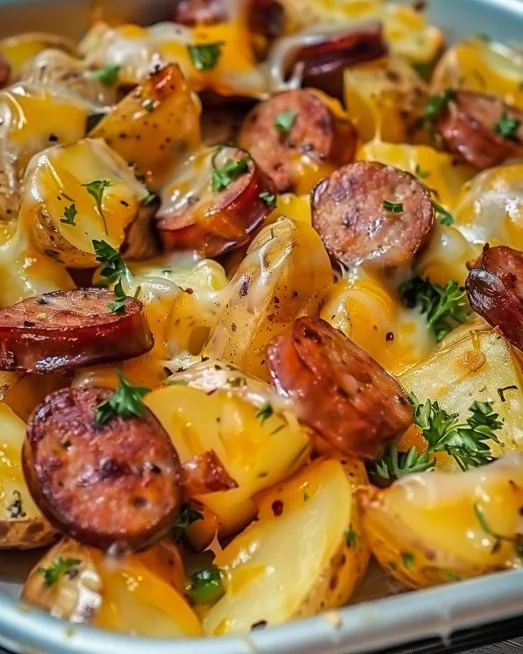Cheesy ranch potatoes with smoked sausage served on a plate.