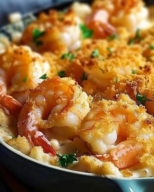 Cheesy Shrimp Casserole 2 Cheesy shrimp casserole topped with melted cheese and herbs in a baking dish