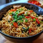 Delicious chicken ramen stir fry with colorful vegetables and savory broth